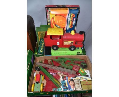 TWO BOXES AND LOOSE TOYS AND GAMES, to include a Triang Puff-Puff locomotive in red and yellow livery, with original decals t