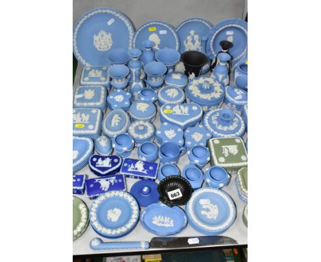 OVER SIXTY PIECES OF WEDGWOOD JASPERWARE GIFTWARES ETC, to include individual and pairs of vases, more than twenty lidded tri