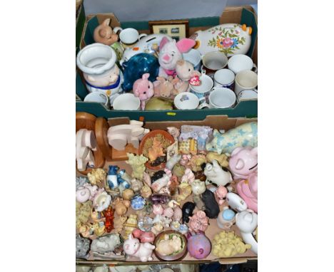 TWO BOXES OF PIG ORNAMENTS, MUGS, PIGGY BANKS ETC, to include more than ninety items, glass, ceramic, carved stone and resin 