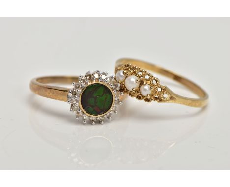 A 9CT GOLD AMMOLITE AND DIAMOND RING AND A ANOTHER 9CT GOLD RING, the first ring designed with a central ammolite doublet, wi