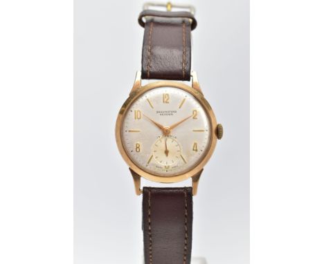 A GENTLEMENS 9CT GOLD WRISTWATCH, hand wound movement (in need of attention, non-running), round silver dial signed 'Bravingt