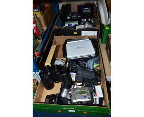 TWO BOXES OF CAMERAS AND ELECTRONICS, to include a pair of Omiya 10 x 50 binoculars, a Panasonic Mini DV digital camcorder, a