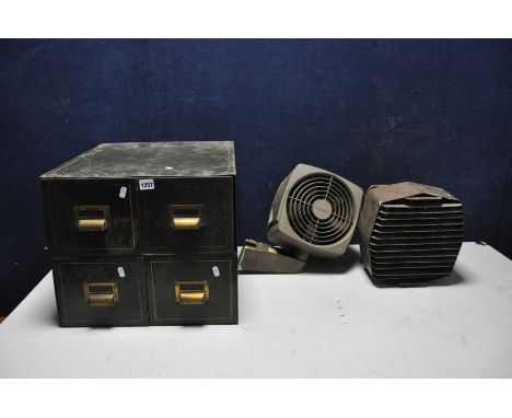 A METAL THREE DRAWER FILING CABINET along with two vintage/retro fan heaters, one a Xpelair and the other an older G.E.C 5K.W