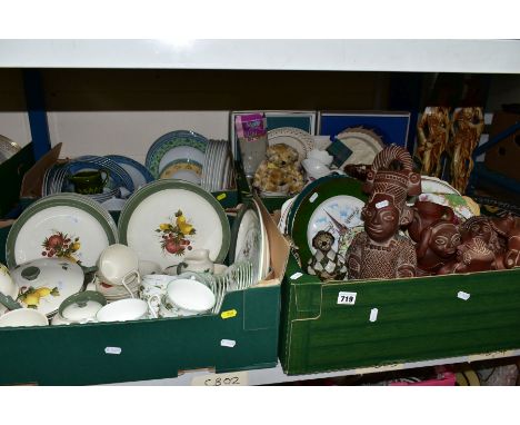 FOUR BOXES AND LOOSE CERAMICS DINNER WARES, ORNAMENTS AND SUNDRY ITEMS, to include a twenty one piece Royal Windsor Greenslee