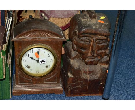 A BOX AND LOOSE TREEN, WICKER ITEMS, CLOCK ETC, to include a barrel shaped fishing creel with conical leather lid and strap, 