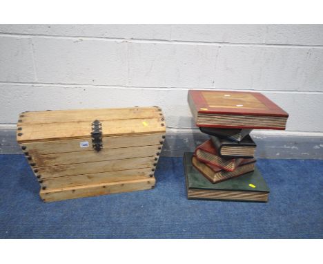 A SMALL HARDWOOD AND IRON BANDED DOMED TRUNK, width 90cm x depth 30cm x height 33cm, and a decorative book stack occasional t