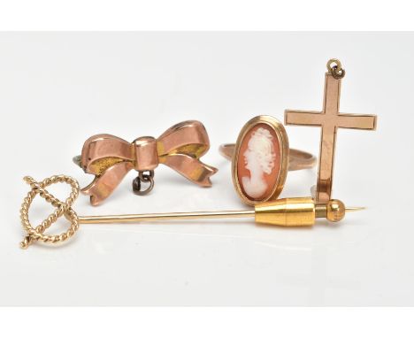 A 9CT GOLD CAMEO RING, 9CT GOLD STICK PIN, YELLOW METAL BROOCH AND CROSS PENDANT, one elongated oval cameo of a female portra