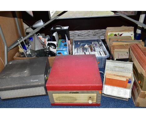 FOUR BOXES AND LOOSE CDS, SEVENTY EIGHT RPM RECORDS, PICTURES, PORTABLE RECORD PLAYER, REEL TO REEL TAPE RECORDER AND SUNDRY 