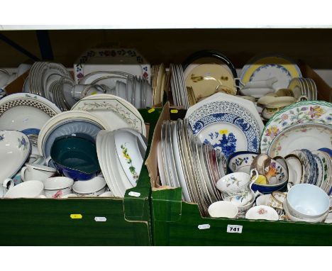 FOUR BOXES OF ASSORTED TEA AND DINNER WARES ETC, to include Minton Haddon Hall, Paragon Clarence, Royal Worcester floral plat