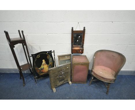 A SELECTION OF OCCASIONAL FURNTITURE, to include an oak torchere stand, height 115cm, an oak bathroom mirror and drawer, two 