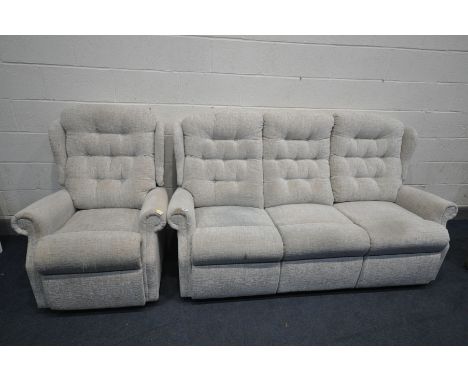 A CREAM UPHOLSTERED MANUAL RECLINING TWO PIECE SUITE, comprising a three seater settee and an armchair (2)