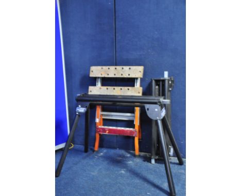 A PAIR OF PINGTEK BLUELINE PMS-03 folding mitre saw stands, 3-6ft extendable roller arms along with a work bench/station (3)