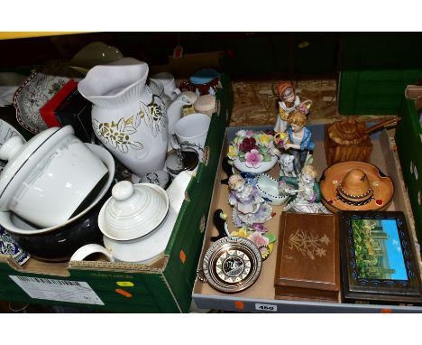 THREE BOXES OF CERAMICS, TREEN, METALWARES AND SUNDRY ITEMS, to include four figurines, two marked Maruri, Royal Doulton Fres