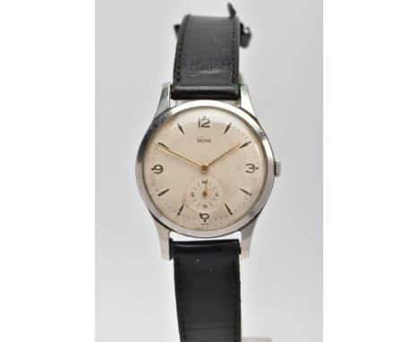 A MID 20TH CENTURY STEEL BAUME WRISTWATCH. A round steel case measuring approximately 36mm in diameter, silvered dial with ba