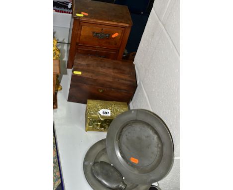 A LATE GEORGIAN MAHOGANY RECTANGULAR TEA CADDY, A LATE VICTORIAN MINIATURE WALNUT TWO DRAWER CHEST AND FIVE PIECES OF METALWA