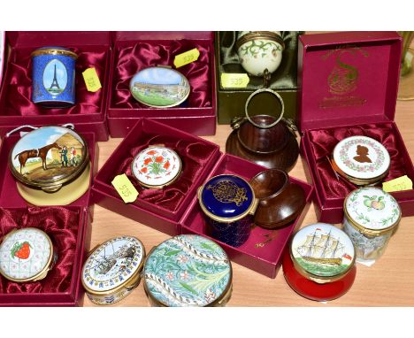 TWELVE STAFFORDSHIRE ENAMEL BOXES, to include a limited edition Jockey Club box no 190/1000, diameter 6cm, a boxed limited ed