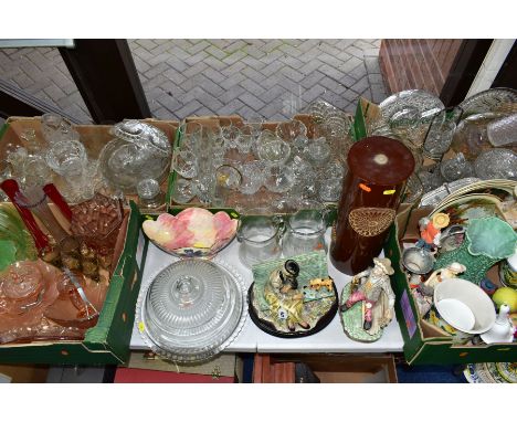 FIVE BOXES AND LOOSE CERAMICS AND GLASS WARES, to include a Sylvac green floral jug impressed 1962, and similar vase with flo