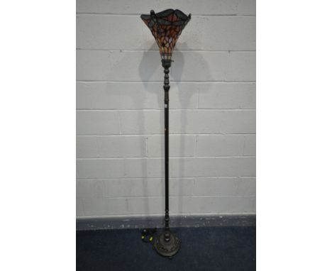 A TIFFANY STYLE STANDARD LAMP, with dragonfly upward facing shade, height 189cm