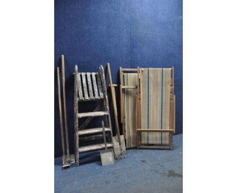 A COLLECTION OF VINTAGE GARDEN ITEMS to include two vintage deck/garden chairs with stripped fabric on teak frame a set of th