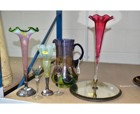 LATE 19TH / EARLY 20TH CENTURY GLASS WARES ETC, comprising three solifleur vases, a uranium glass example with a silver hallm