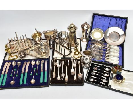 A BOX OF ASSORTED WHITE METAL WARE, to include a cased set of coffee spoons, a cased 'Mappin &amp; Webb' cake fork set, a cas