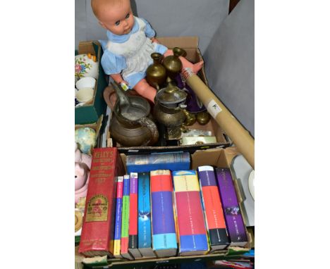 TWO BOXES OF BOOKS, METALWARES AND SUNDRY ITEMS, to include ten books, Kelly's Directory of Sheffield and Rotherham 1957, Egy