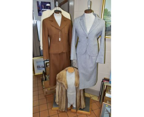 LADIES VINTAGE JAEGER SUITS AND UNBRANDED FUR COAT, comprising a grey suit, jacket size 8, skirt 10, the brown suit jacket si