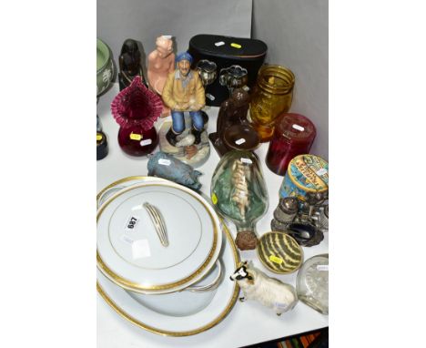 A GROUP OF CERAMICS, GLASS, METAL WARES, BINOCULARS AND WALKING STICKS, to include twenty two items, three wooden walking sti