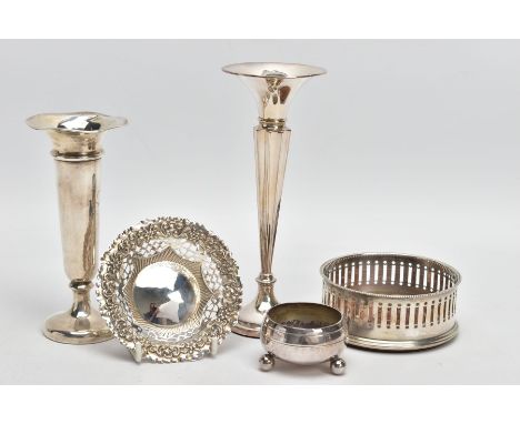 A SELECTION OF SILVER ITEMS, to include two silver posy vases each with a weighted circular base, a silver coaster holder wit