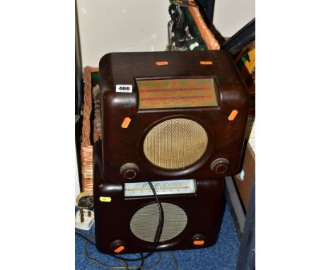 TWO BAKELITE CASED BUSH RADIOS, A PICNIC HAMPER WITH CONTENTS AND A MODERN FRAMED PRINT, comprising two Bush brown Bakelite r