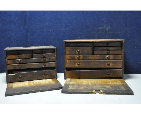 TWO ENGINEERS TOOL CHESTS comprising of one mahogany eight draw chest (some damage to draws and missing locking mechanism), w