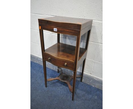 A GEORGIAN MAHOGANY SERPENTINE WASHSTAND, with a hinged top and single drawer, width 40cm x depth 35cm x height 85cm (conditi