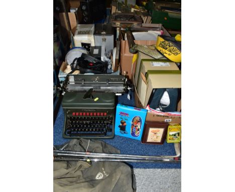 THREE BOXES AND LOOSE TYPEWRITER, SHOES, CDS, RECORDS, PICTURES, VINTAGE DUPLICATING MACHINE, LABORATORY PH METER AND SUNDRY 