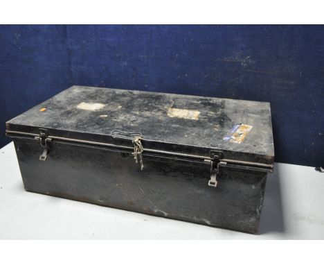 A LARGE METAL TRAVEL/STORAGE TRUNK measuring 90cm width 55cm depth 58cm height along with a smaller metal travel/storage trun