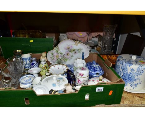 TWO BOXES AND LOOSE CERAMICS AND GLASSWARES, to include a Crown Devon Fieldings cheese dome and plate diameter of dome approx