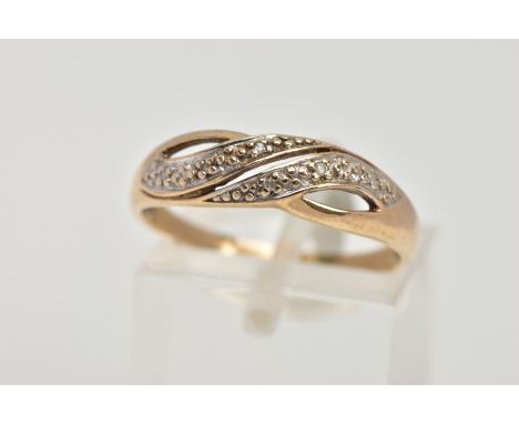 A 9CT GOLD DIAMOND RING, openwork design set with single cut diamond detail, plain polished band, hallmarked 9ct gold London,