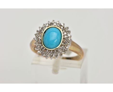 A YELLOW METAL TURQUIOSE AND DIAMOND CLUSTER RING, designed with a central oval turquoise cabochon, within a collet mount, to