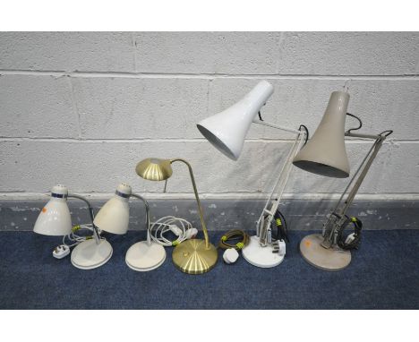 TWO ANGLE POISE DESK LAMPS, in white and brown, along with a pair of modern desk lamps and a brass desk lamp (5)