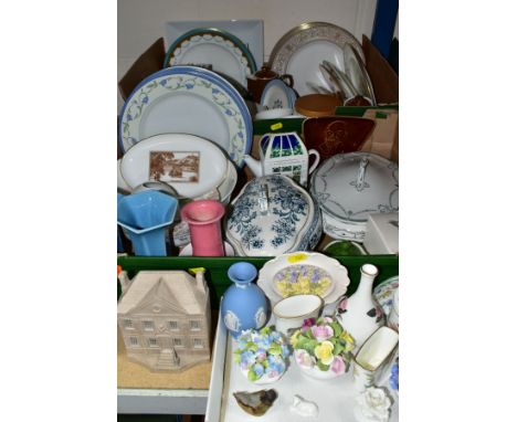 THREE BOXES AND LOOSE CERAMIC WARES, to include a pink glazed Bretby tapering vase height 14cm, a Coalport April serving bowl