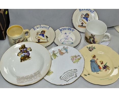 EIGHT PIECES OF ASSORTED VINTAGE NURSERY CERAMICS, comprising three Poole pottery plates painted with names and Ride a Cock H