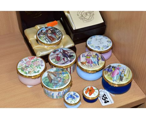 NINE WORCESTERSHIRE ENAMEL BOXES, comprising two small boxes Poppy and Bluebell, diameters 3cm, two Cries of London boxes, di