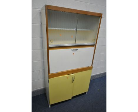 A VINTAGE KITCHEN CABINET, with a fall front door, width 92cm x depth 40cm x height 175cm and a similar two door cabinet (2)