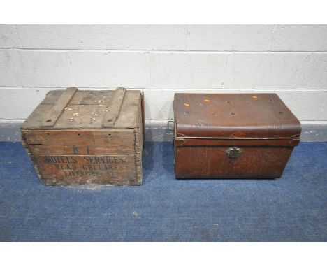 A VINTAGE WOODEN CRATE, stamped BT Hotels services, head Cellars, Liverpool along with a tin trunk (2)