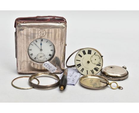 A SILVER OPEN FACE POCKET WATCH WITH CASE AND ONE OTHER, the first pocket watch with a round white dial, Roman numerals, seco