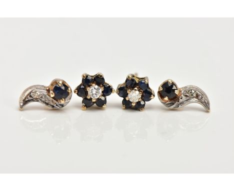 A PAIR OF 9CT GOLD DIAMOND AND SAPPHIRE EARRINGS,  cluster design, each set with one round brilliant cut diamond surrounded b