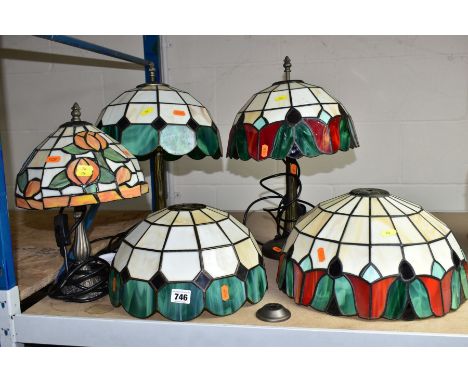 MODERN TIFFANY STYLE LIGHTING, comprising two ceiling light shades with red&nbsp; and green edging, approximate diameters 30c