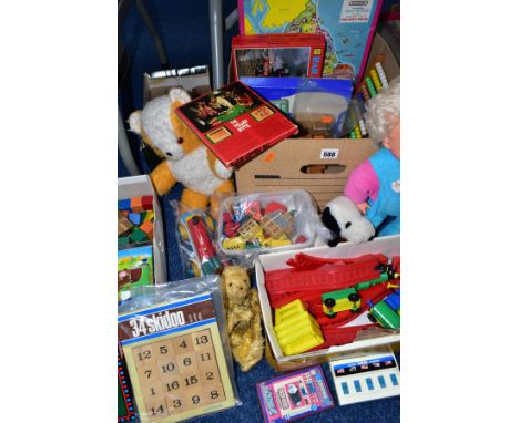 FOUR BOXES OF VINTAGE BUILDING BLOCKS, GAMES, PUZZLES AND OTHER TOYS, to include mainly cube shaped building blocks with some