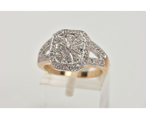 A 9CT GOLD DIAMOND DRESS RING, openwork cushion shape, set with single cut diamonds, to the single cut diamond detailed bifur