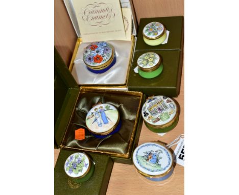 SEVEN CRUMMELS ENAMEL BOXES, comprising seated couple on bench, young women walking (boxed), Mr Lock Hatters of St James's St