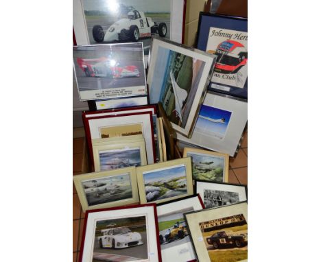 MOTORSPORT AND AVIATION THEMED PICTURES ETC, to include a framed Johnny Herbert autograph, vintage racing photographs and pri